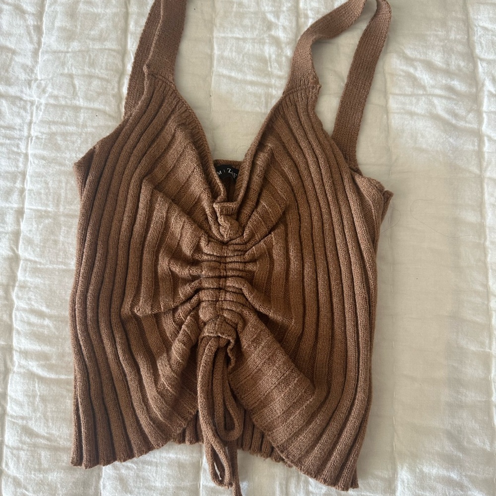 Brown Ribbed Knit Women's Top